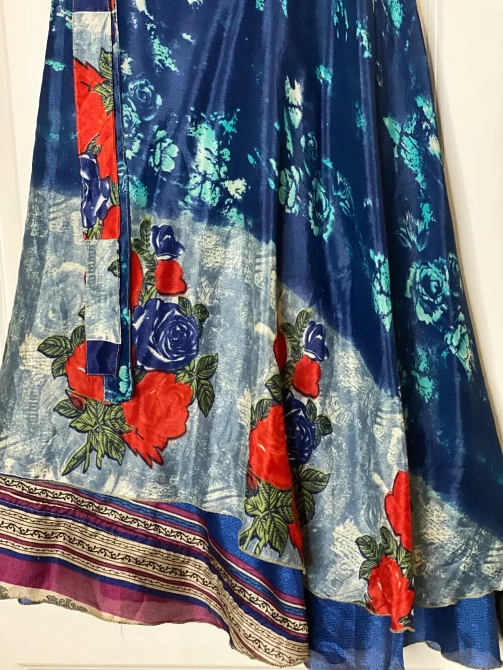 Reversible Sari Silk Magic Wrap Skirt Blue Boho Festival Hippie Maxi India OS